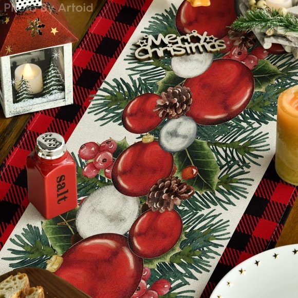 13''x72'' Buffalo Plaid Red Black Balls Christmas Table Runner Home Decoration - Picture 3 of 7